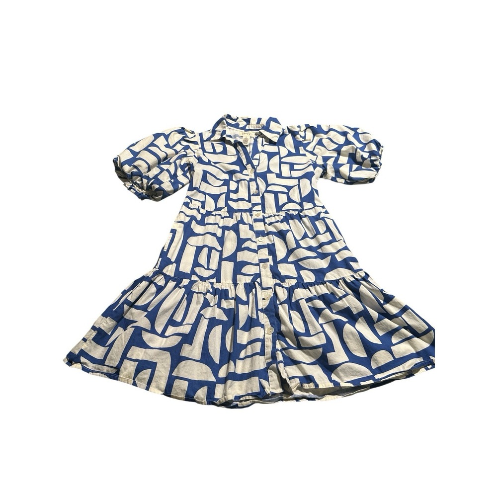 Jessica Simpson‎ Geo Print Blue & White Babydoll Puff Sleeve Dress Size Small